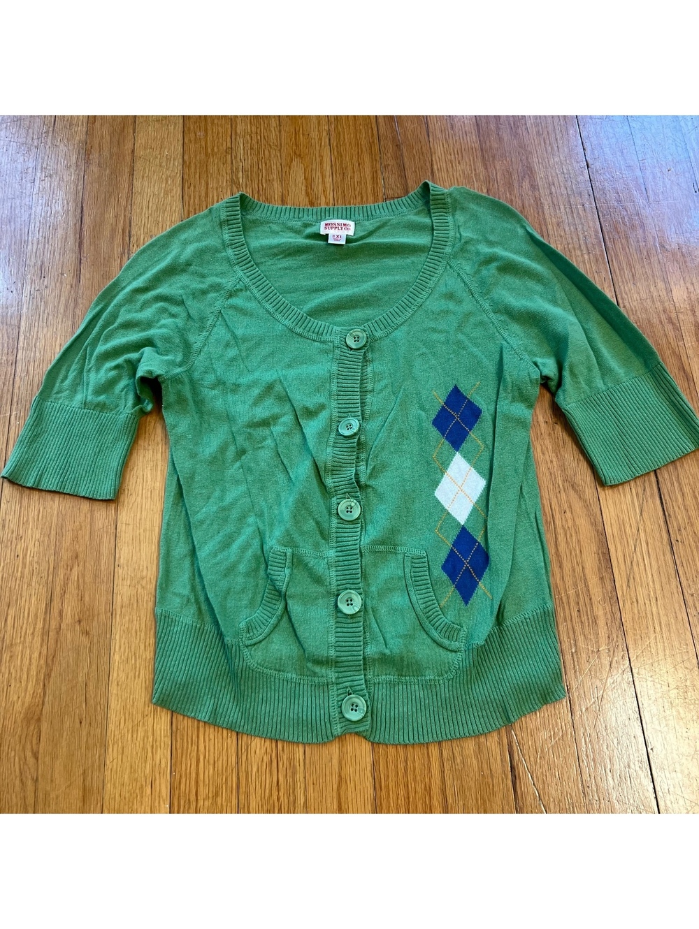 Vintage Y2K green argyle coquette whimsical button up fitted short sleeve top